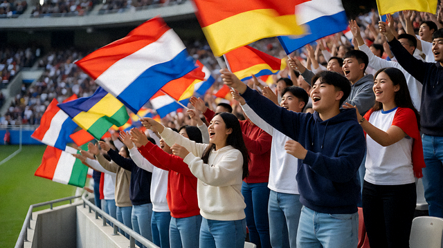 西甲国家德比现场球迷挥舞旗帜的热烈气氛