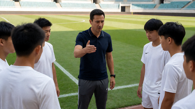 足球教练在场边向球员布置战术手势
